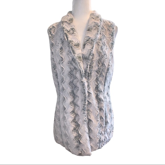 Tessori Faux Fur Vest Gray and White Hook Front Sz S/M - Picture 1 of 3